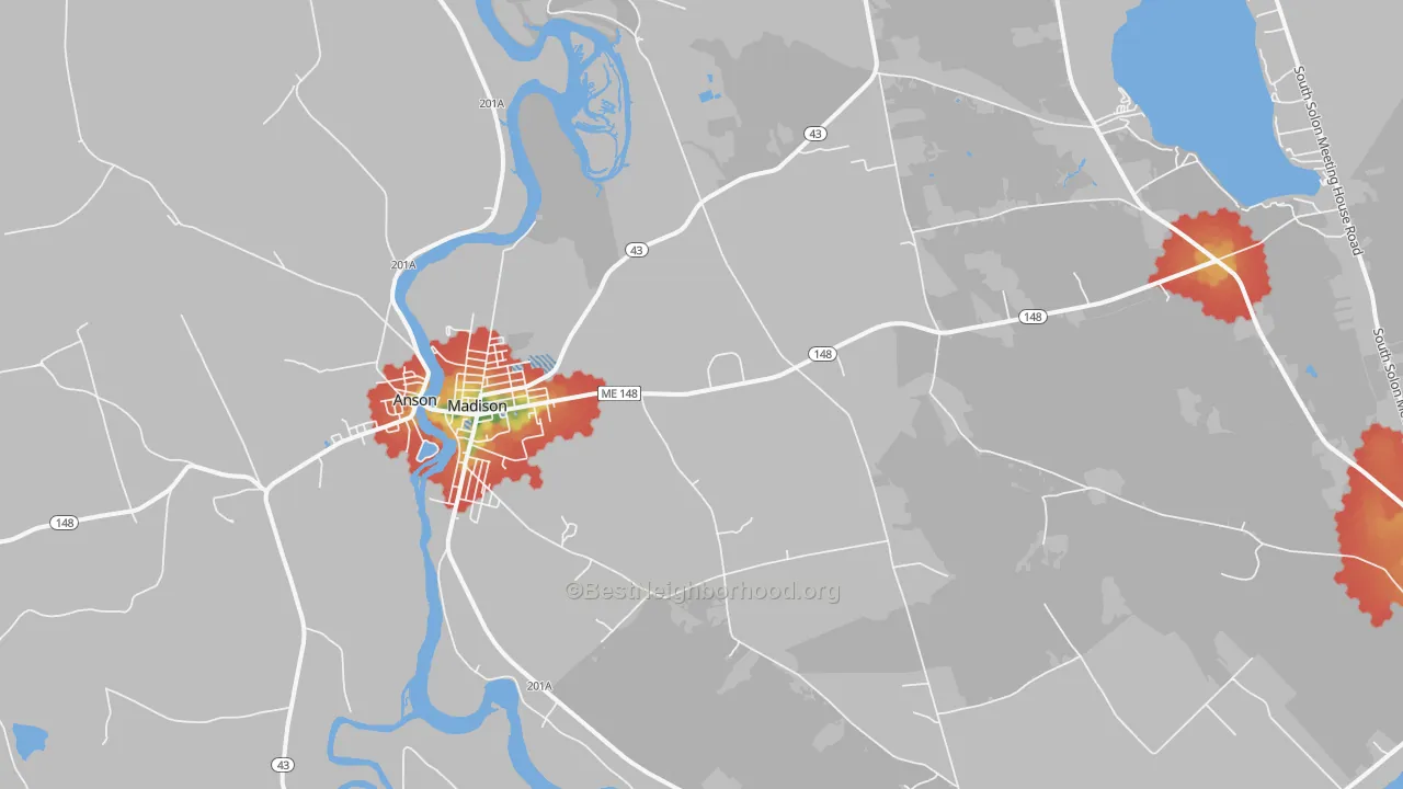 Walk Grade map of Madison, ME, walkable areas in green and car-dependent areas in red