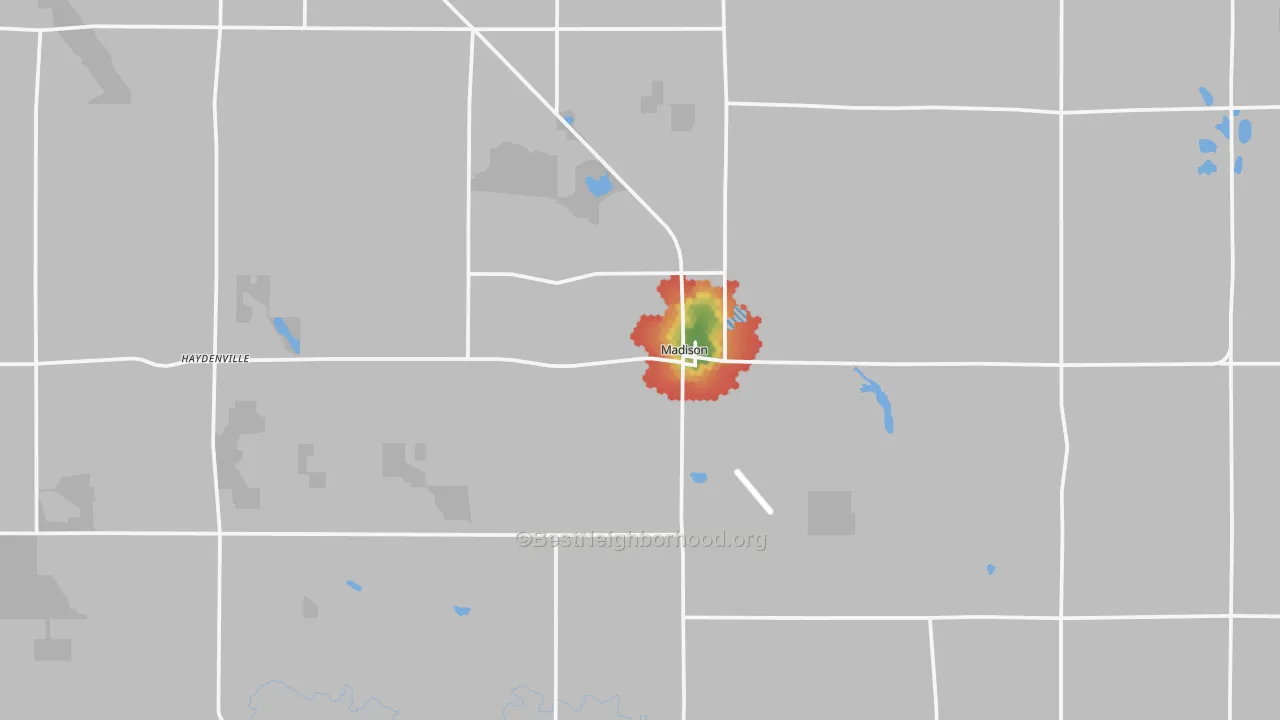 Walk Grade map of Madison, MN, walkable areas in green and car-dependent areas in red