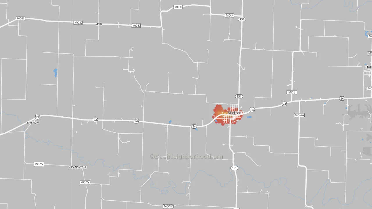 Walk Grade map of Madison, MO, walkable areas in green and car-dependent areas in red