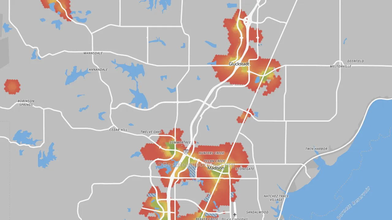 Walk Grade map of Madison, MS, walkable areas in green and car-dependent areas in red