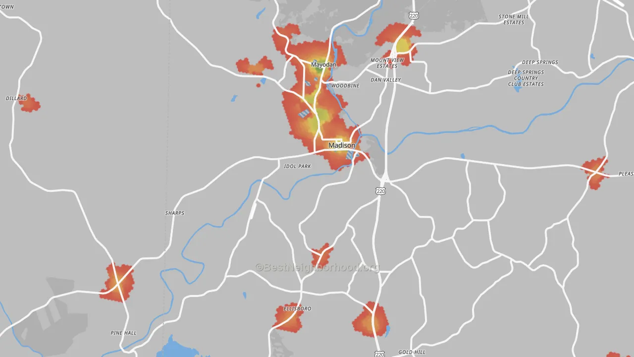 Walk Grade map of Madison, NC, walkable areas in green and car-dependent areas in red