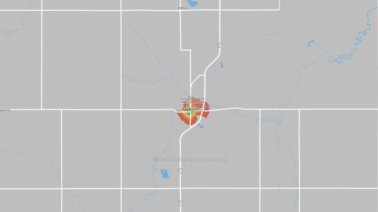 Walk Grade map of Madison, NE, walkable areas in green and car-dependent areas in red