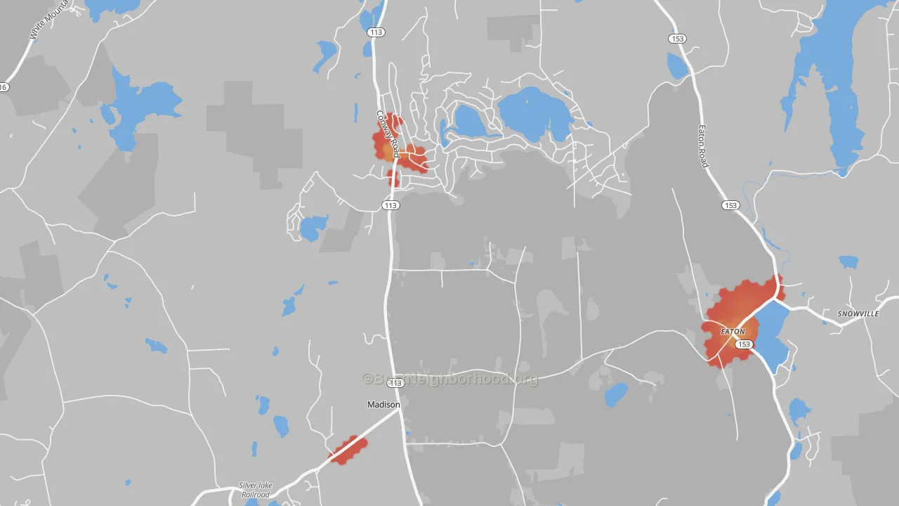 Walk Grade map of Madison, NH, walkable areas in green and car-dependent areas in red