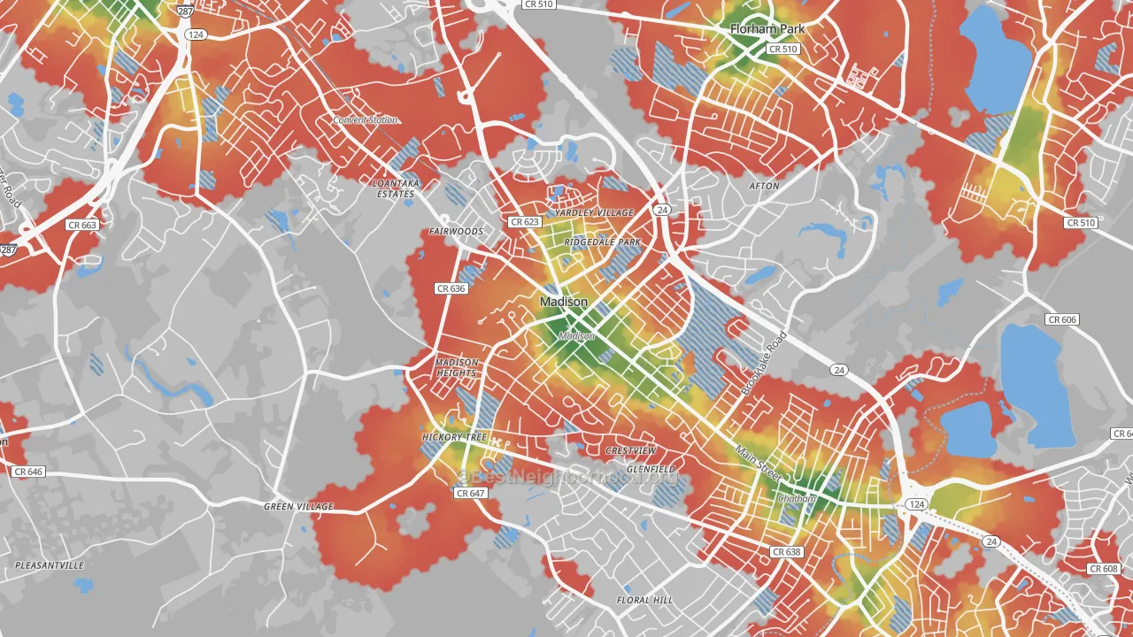 Walk Grade map of Madison, NJ, walkable areas in green and car-dependent areas in red