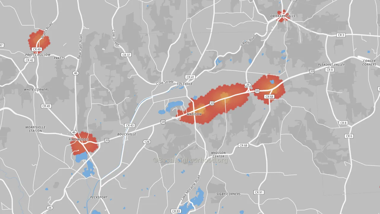 Walk Grade map of Madison, NY, walkable areas in green and car-dependent areas in red