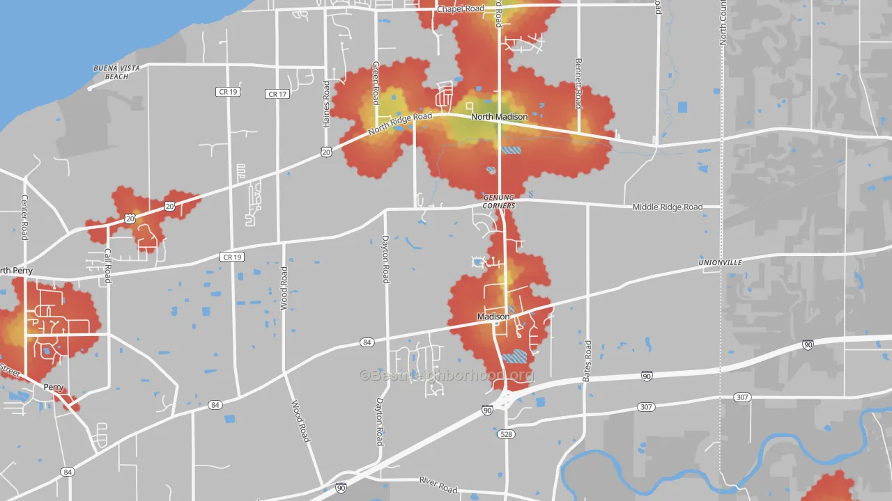 Walk Grade map of Madison, OH, walkable areas in green and car-dependent areas in red