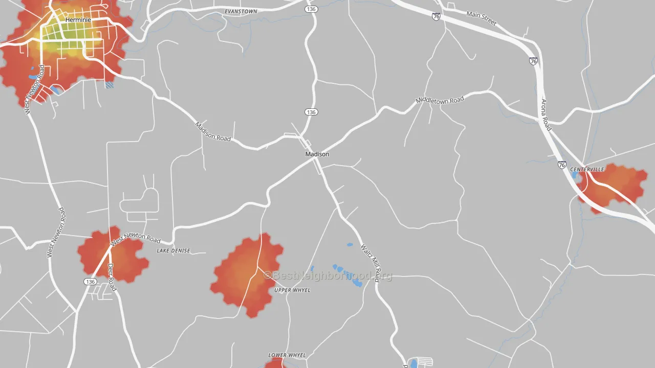 Walk Grade map of Madison, PA, walkable areas in green and car-dependent areas in red