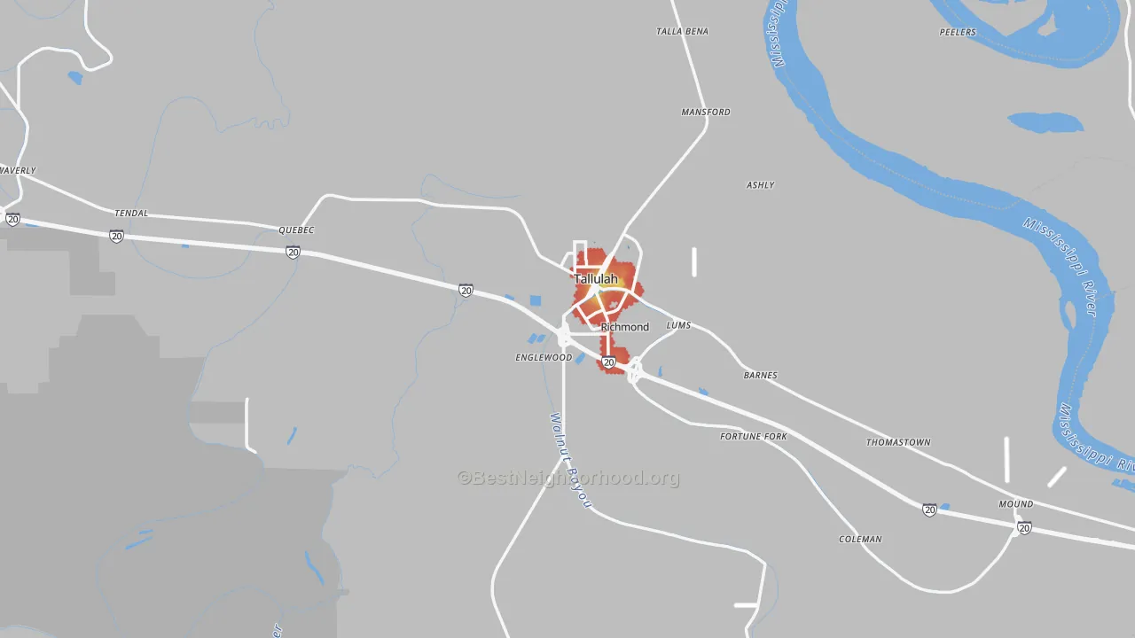 Walk Grade map of Madison Parish, LA, walkable areas in green and car-dependent areas in red