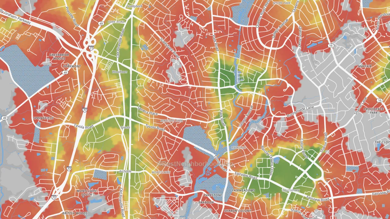 Walk Grade map of Madison Park, Charlotte, NC, walkable areas in green and car-dependent areas in red