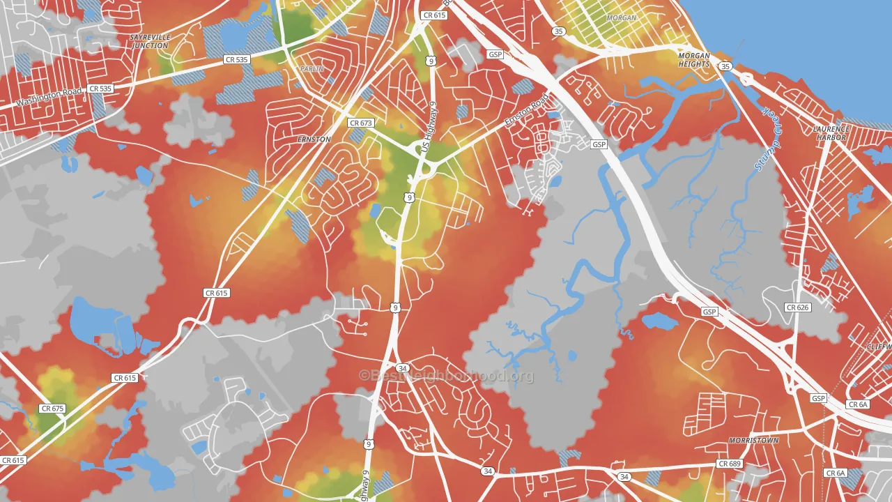 Walk Grade map of Madison Park, NJ, walkable areas in green and car-dependent areas in red