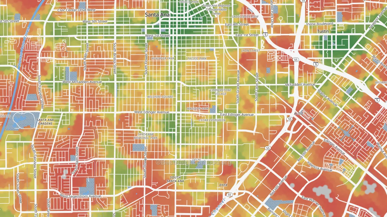 Walk Grade map of Madison Park, Santa Ana, CA, walkable areas in green and car-dependent areas in red