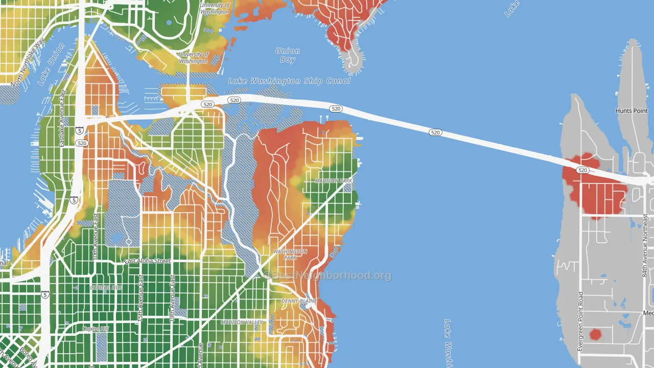Walk Grade map of Madison Park, Seattle, WA, walkable areas in green and car-dependent areas in red