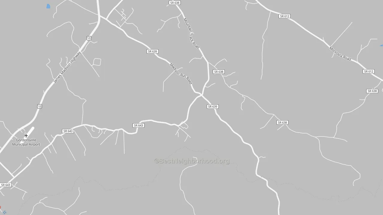 Walk Grade map of Madison Run, VA, walkable areas in green and car-dependent areas in red