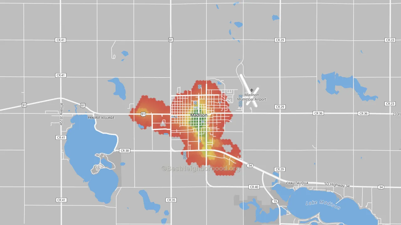 Walk Grade map of Madison, SD, walkable areas in green and car-dependent areas in red