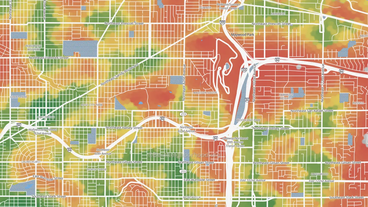 Walk Grade map of Madison South, Portland, OR, walkable areas in green and car-dependent areas in red