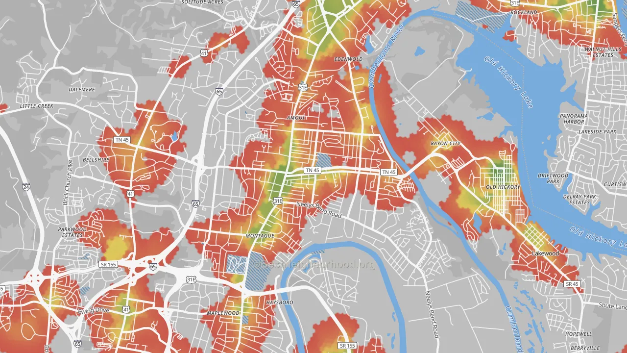 Walk Grade map of Madison, TN, walkable areas in green and car-dependent areas in red