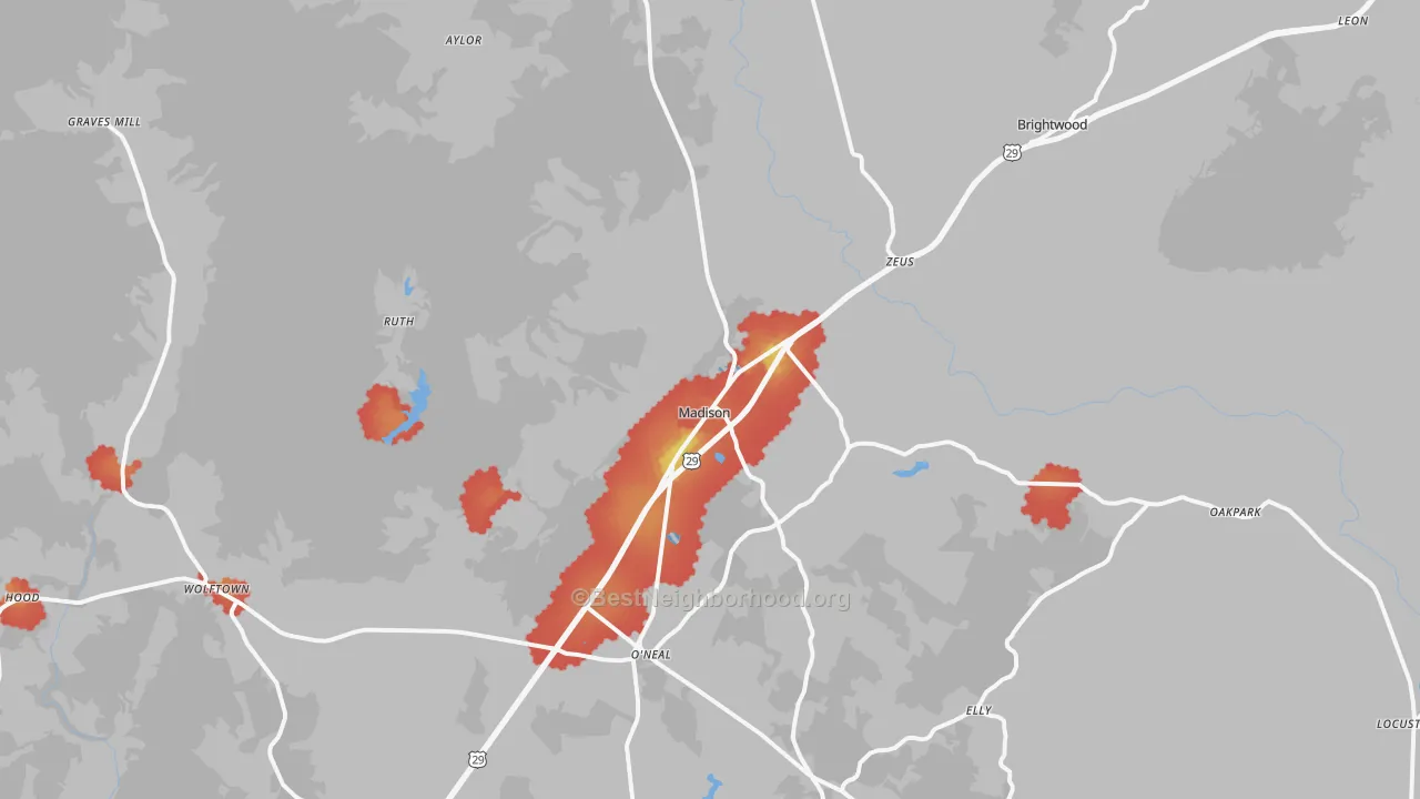 Walk Grade map of Madison, VA, walkable areas in green and car-dependent areas in red