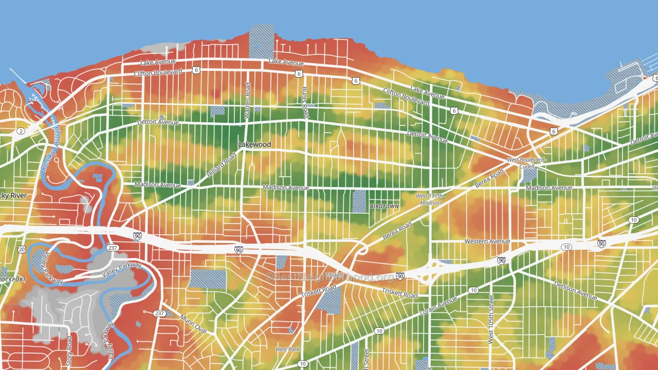 Walk Grade map of Madison Village, Lakewood, OH, walkable areas in green and car-dependent areas in red