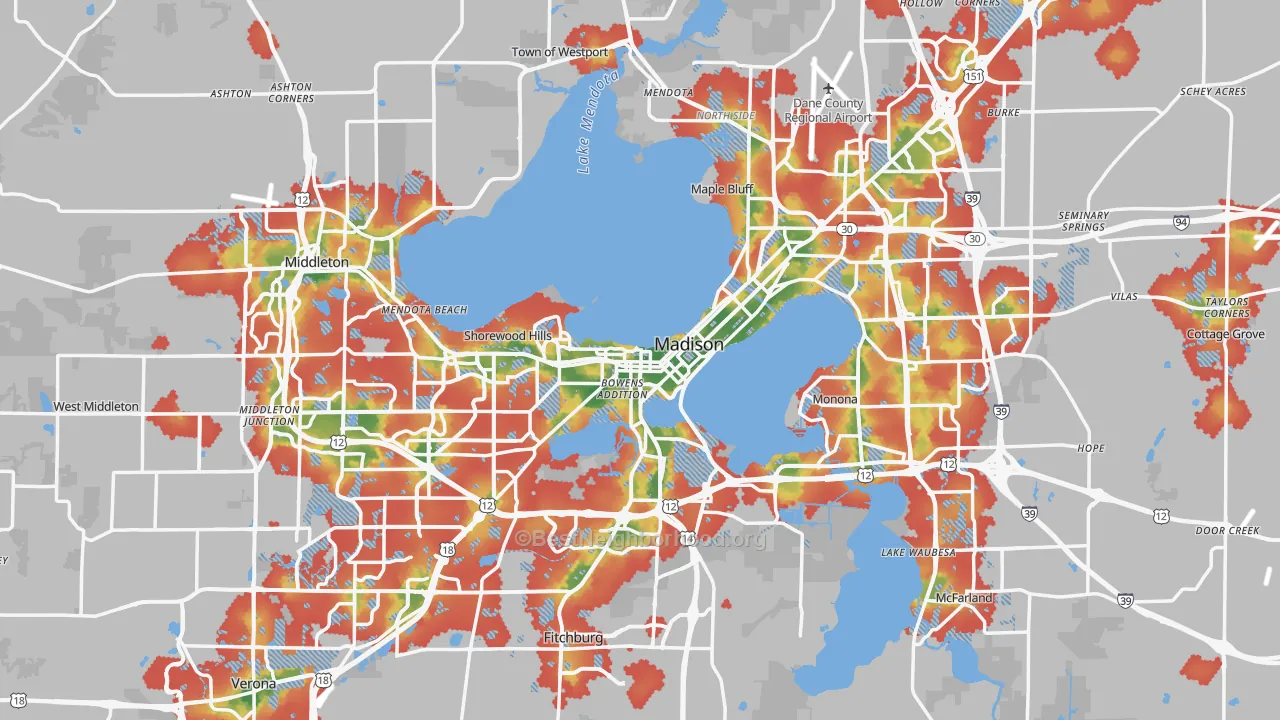 Walk Grade map of Madison, WI, walkable areas in green and car-dependent areas in red