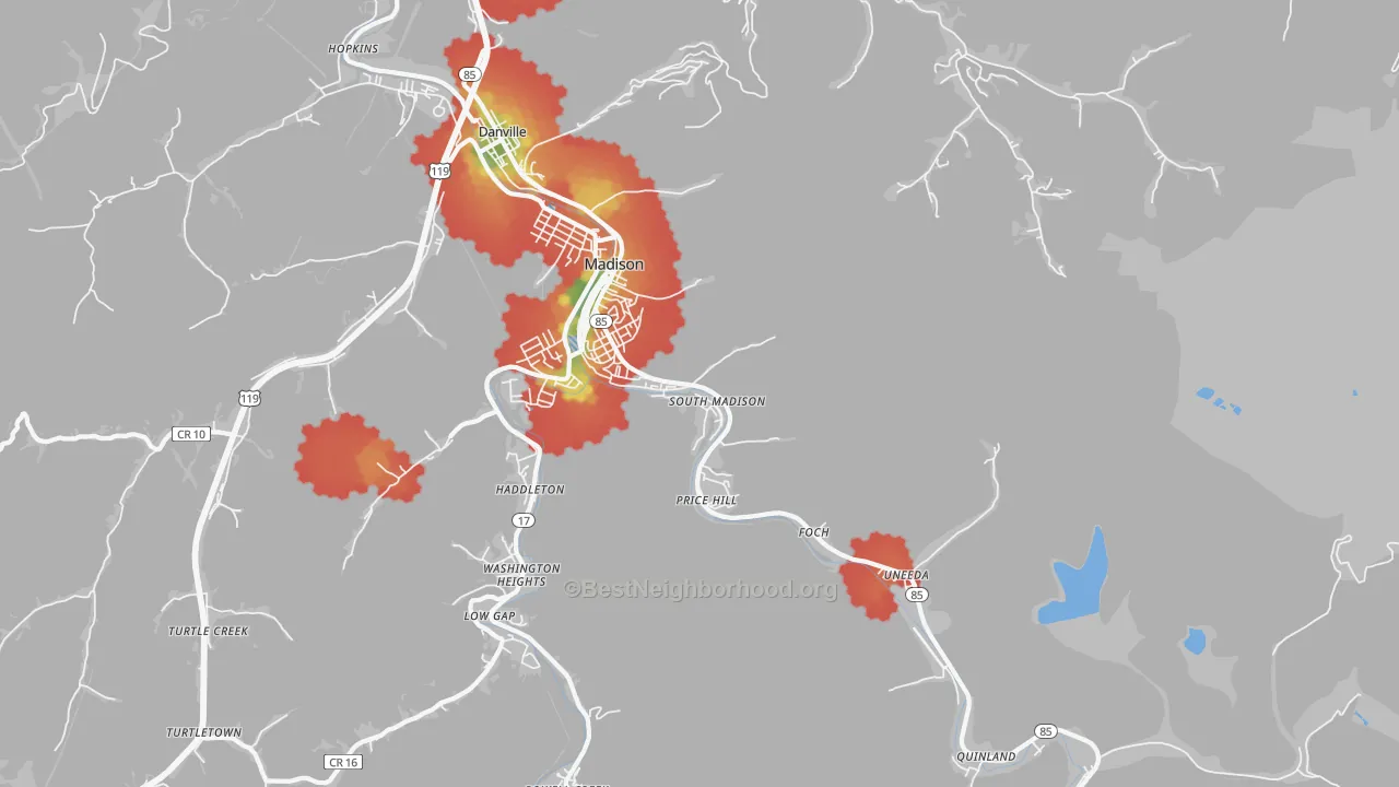 Walk Grade map of Madison, WV, walkable areas in green and car-dependent areas in red