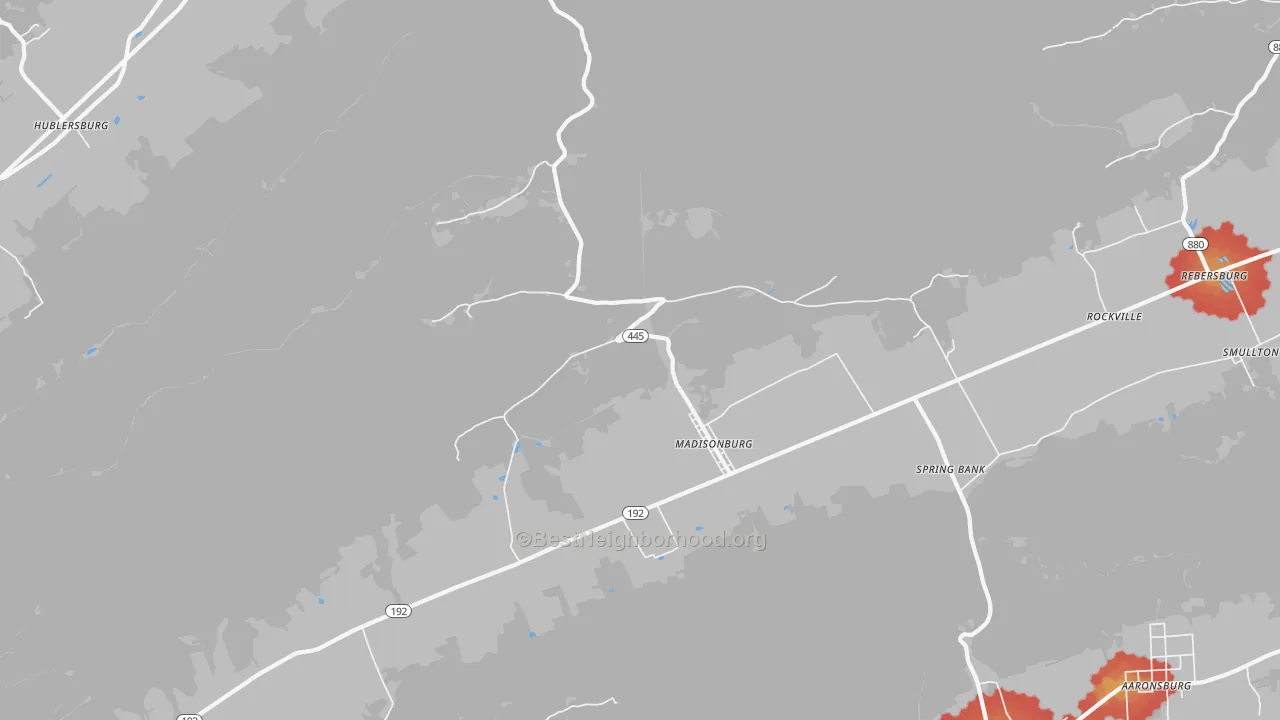 Walk Grade map of Madisonburg, PA, walkable areas in green and car-dependent areas in red