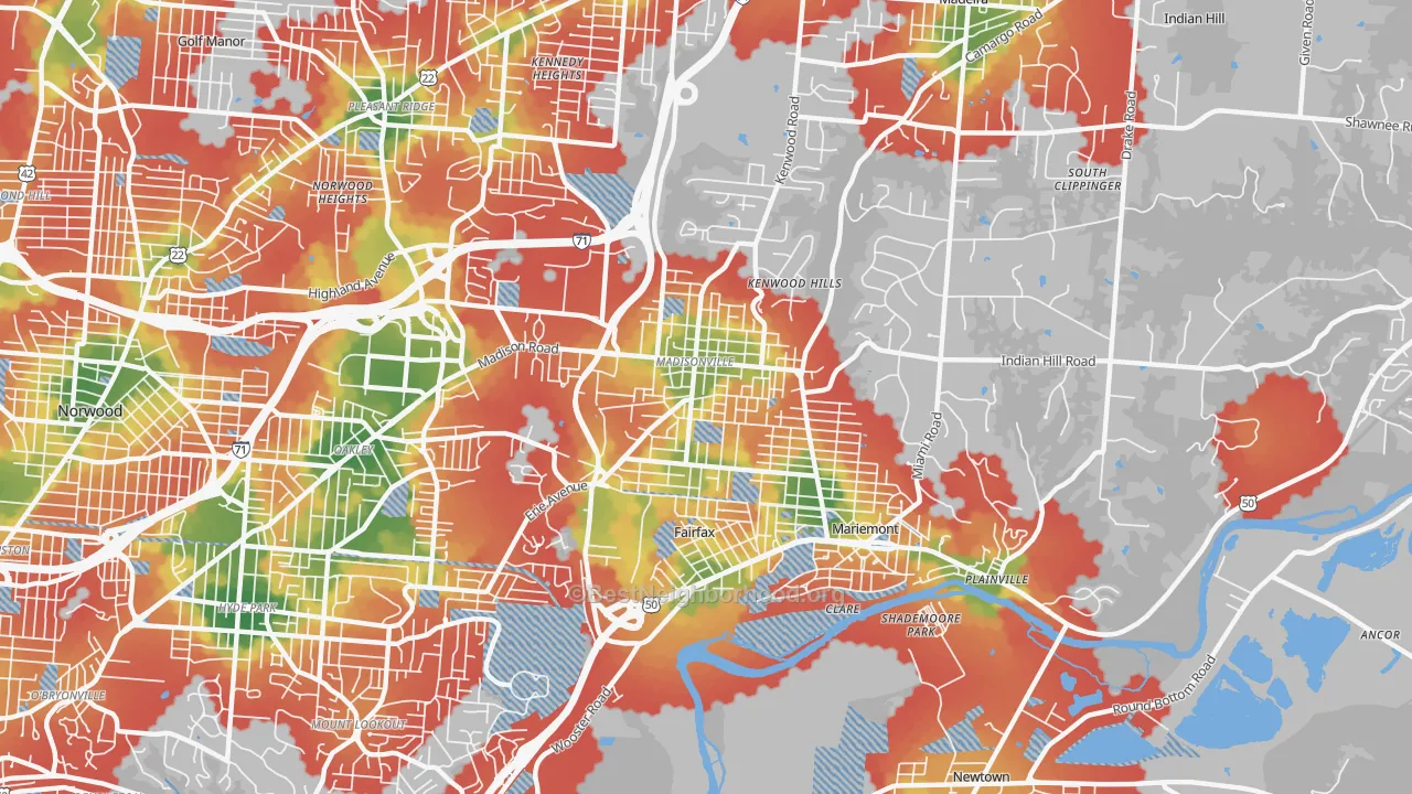 Walk Grade map of Madisonville, Cincinnati, OH, walkable areas in green and car-dependent areas in red