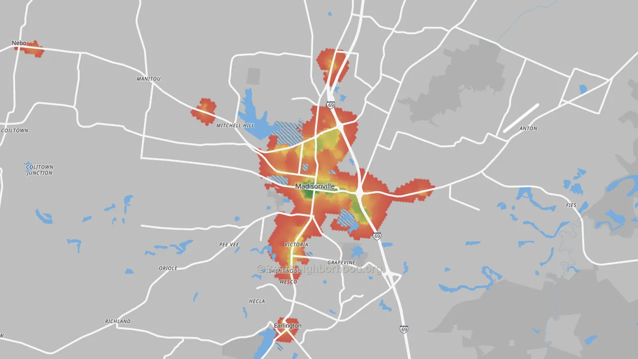 Walk Grade map of Madisonville, KY, walkable areas in green and car-dependent areas in red