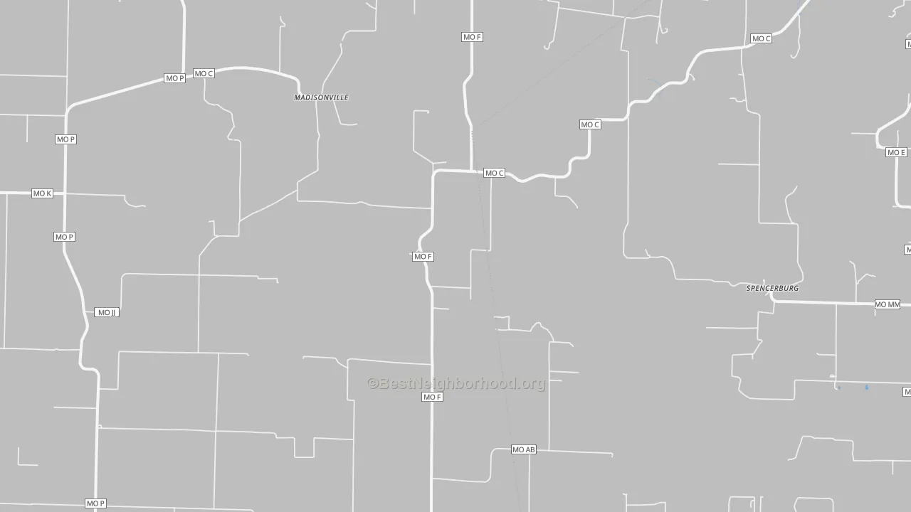 Walk Grade map of Madisonville, MO, walkable areas in green and car-dependent areas in red