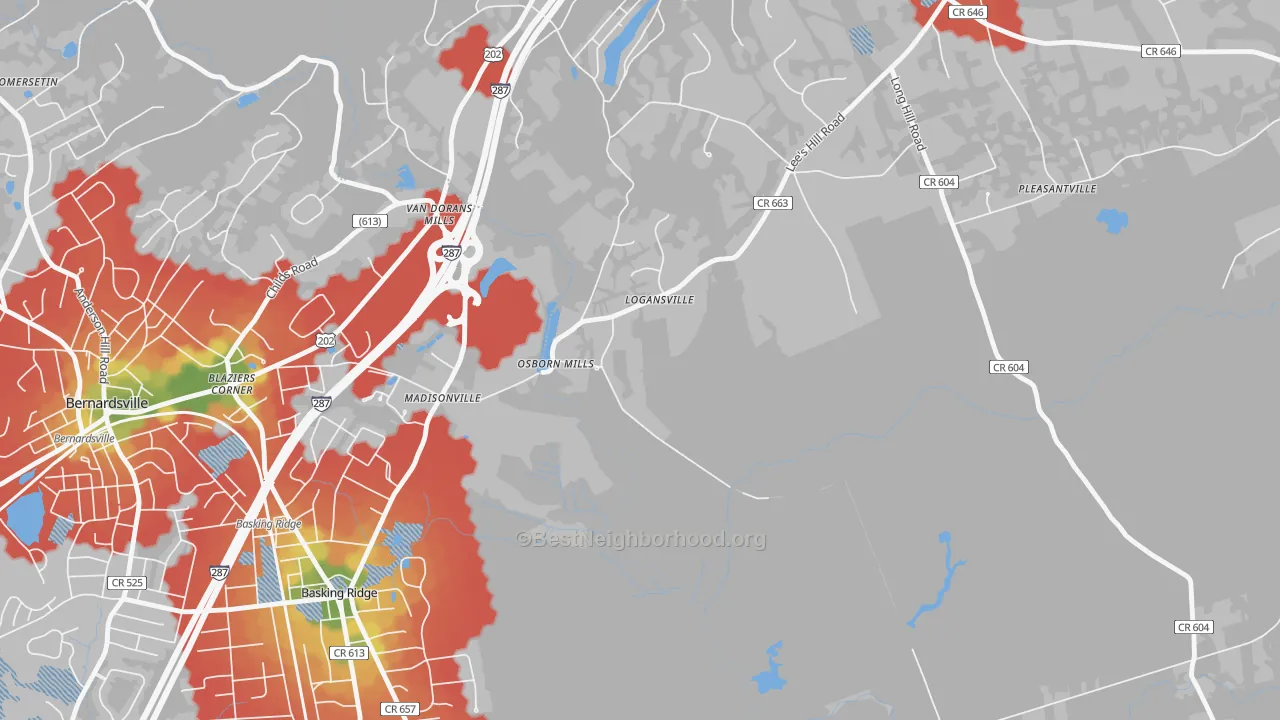Walk Grade map of Madisonville, NJ, walkable areas in green and car-dependent areas in red