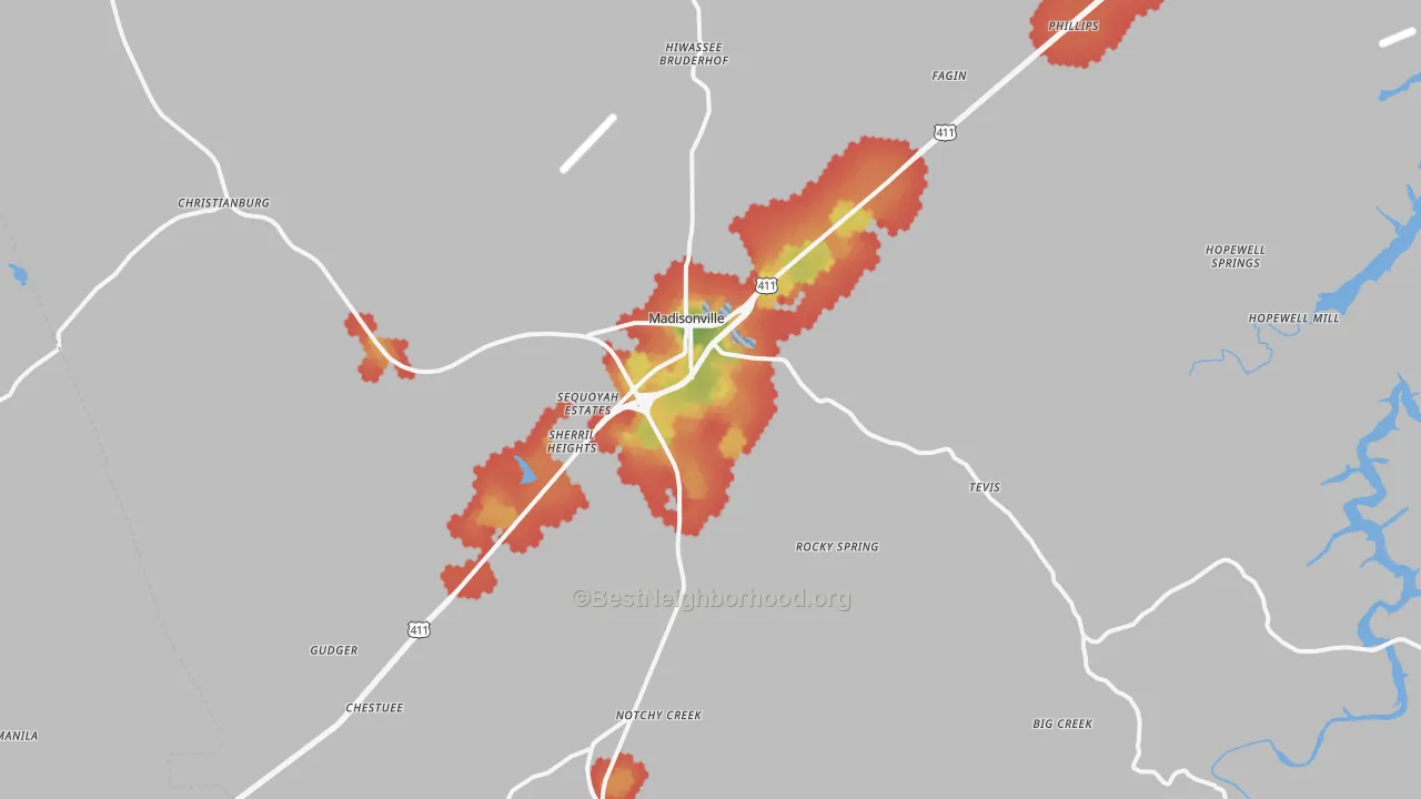 Walk Grade map of Madisonville, TN, walkable areas in green and car-dependent areas in red