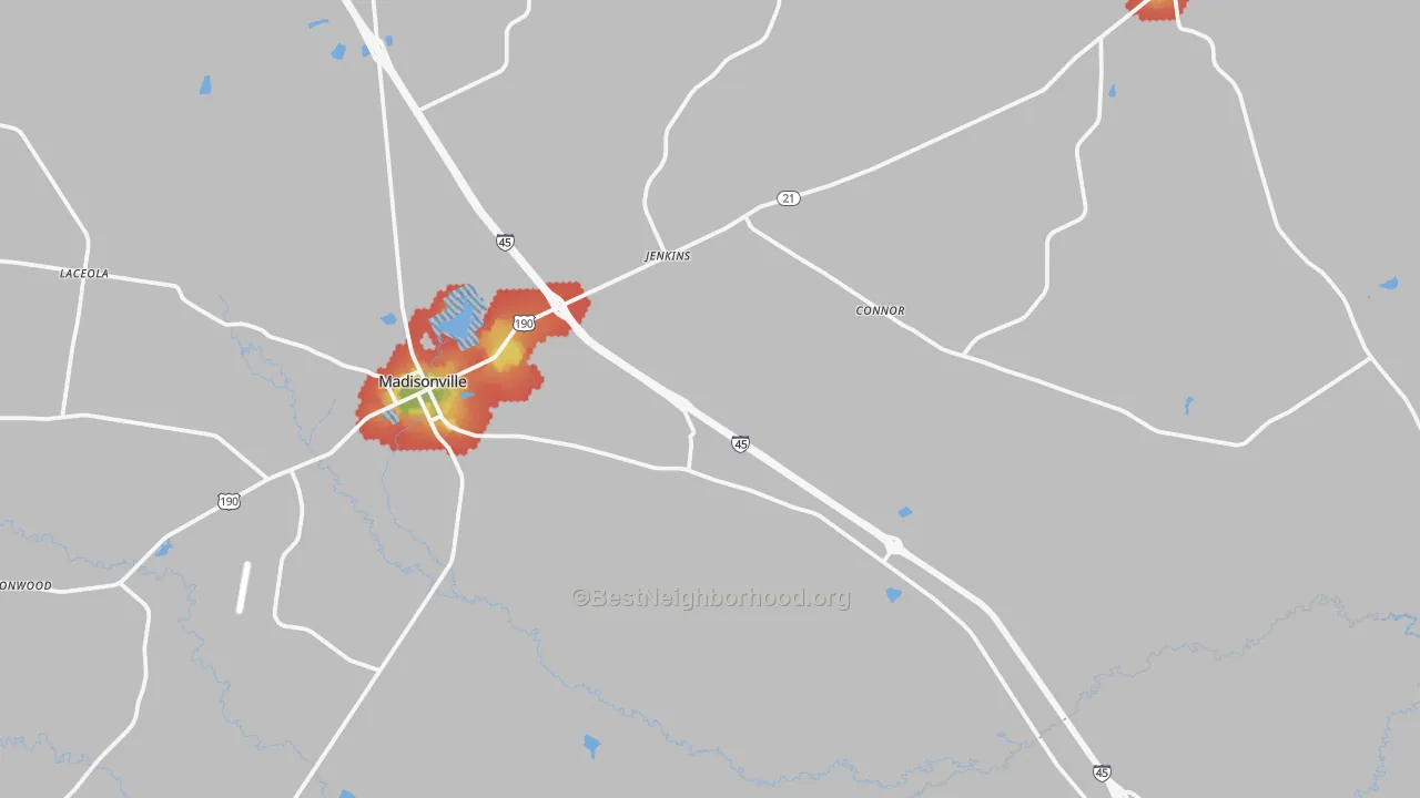 Walk Grade map of Madisonville, TX, walkable areas in green and car-dependent areas in red