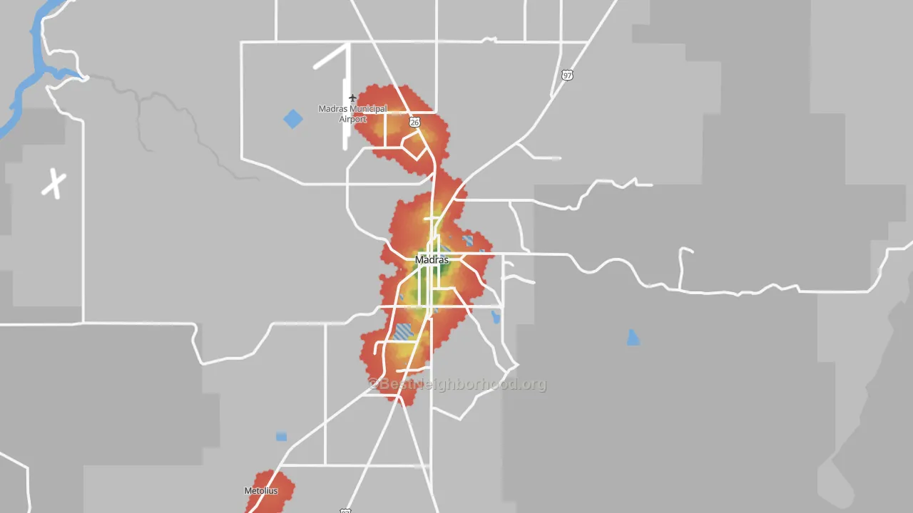 Walk Grade map of Madras, OR, walkable areas in green and car-dependent areas in red