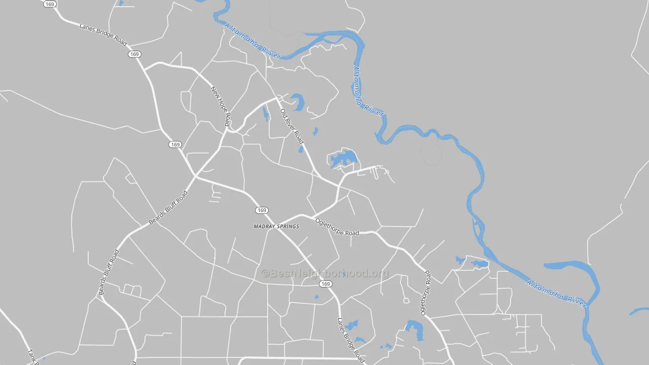 Walk Grade map of Madray Springs, GA, walkable areas in green and car-dependent areas in red
