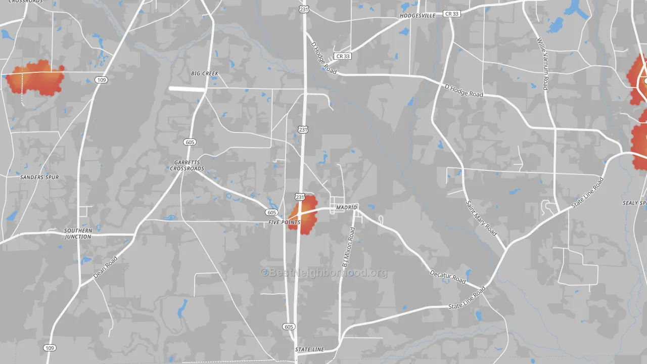 Walk Grade map of Madrid, AL, walkable areas in green and car-dependent areas in red