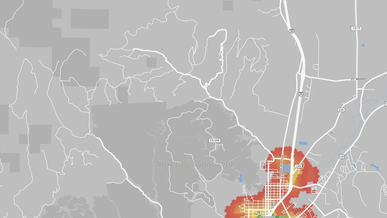 Walk Grade map of Madrid, CO, walkable areas in green and car-dependent areas in red
