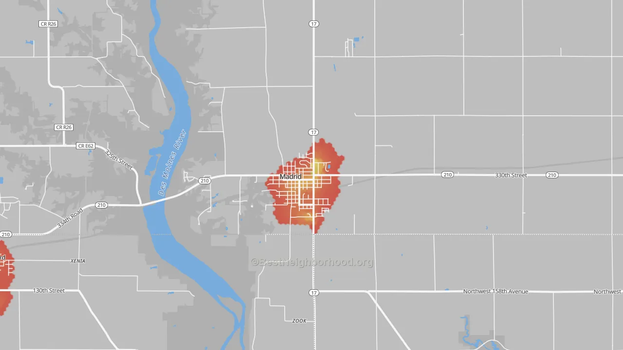 Walk Grade map of Madrid, IA, walkable areas in green and car-dependent areas in red