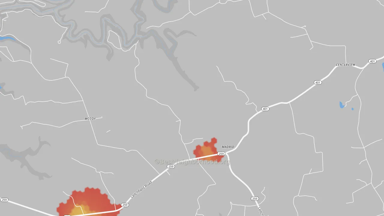 Walk Grade map of Madrid, KY, walkable areas in green and car-dependent areas in red