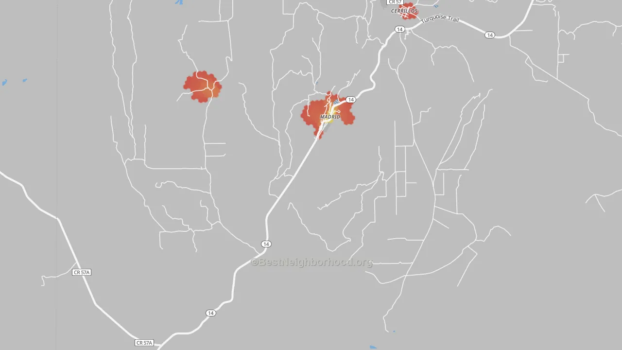 Walk Grade map of Madrid, NM, walkable areas in green and car-dependent areas in red