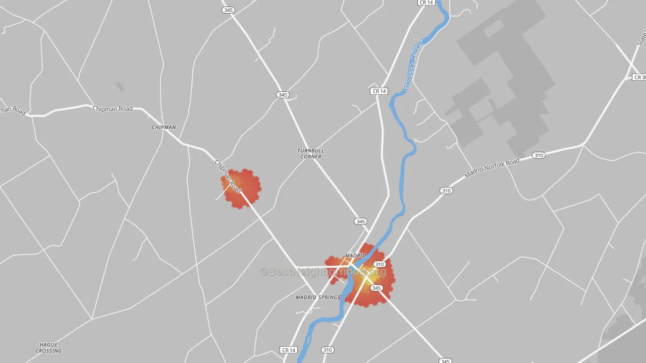 Walk Grade map of Madrid, NY, walkable areas in green and car-dependent areas in red