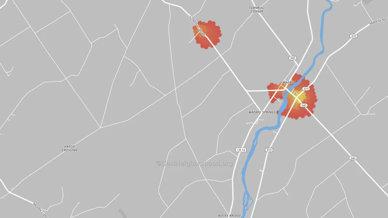Walk Grade map of Madrid Springs, NY, walkable areas in green and car-dependent areas in red