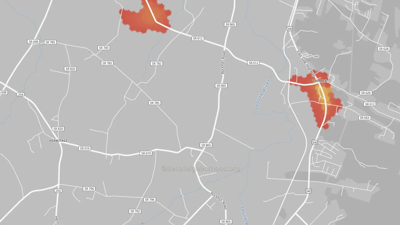 Walk Grade map of Madrid, VA, walkable areas in green and car-dependent areas in red