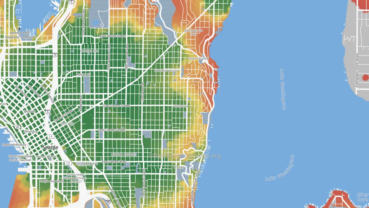 Walk Grade map of Madrona, Seattle, WA, walkable areas in green and car-dependent areas in red