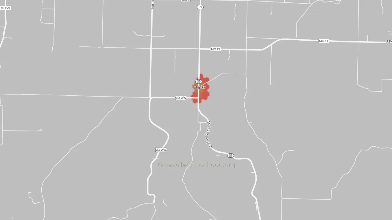Walk Grade map of Madry, MO, walkable areas in green and car-dependent areas in red