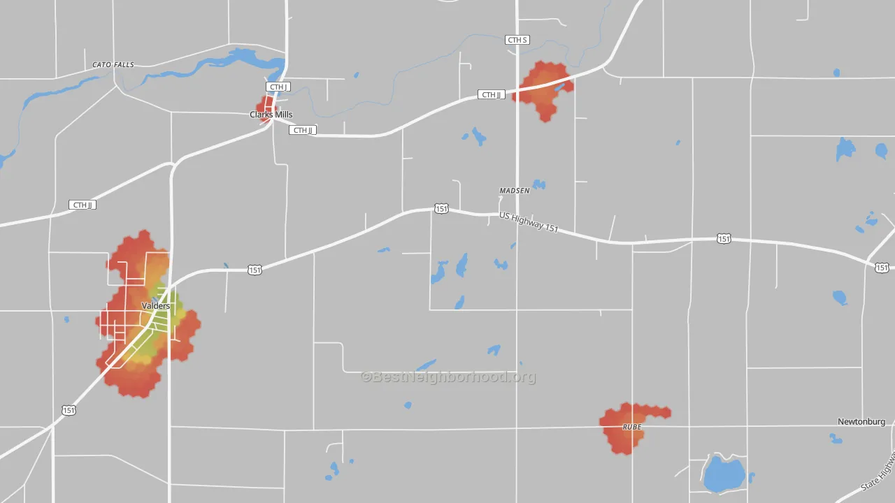 Walk Grade map of Madsen, WI, walkable areas in green and car-dependent areas in red