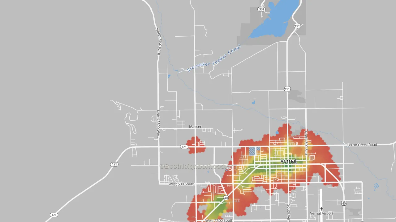 Walk Grade map of Maeser, UT, walkable areas in green and car-dependent areas in red