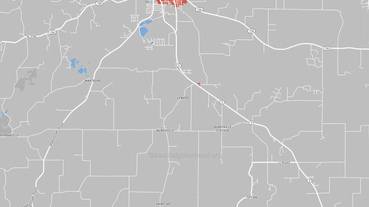 Walk Grade map of Maeystown, IL, walkable areas in green and car-dependent areas in red