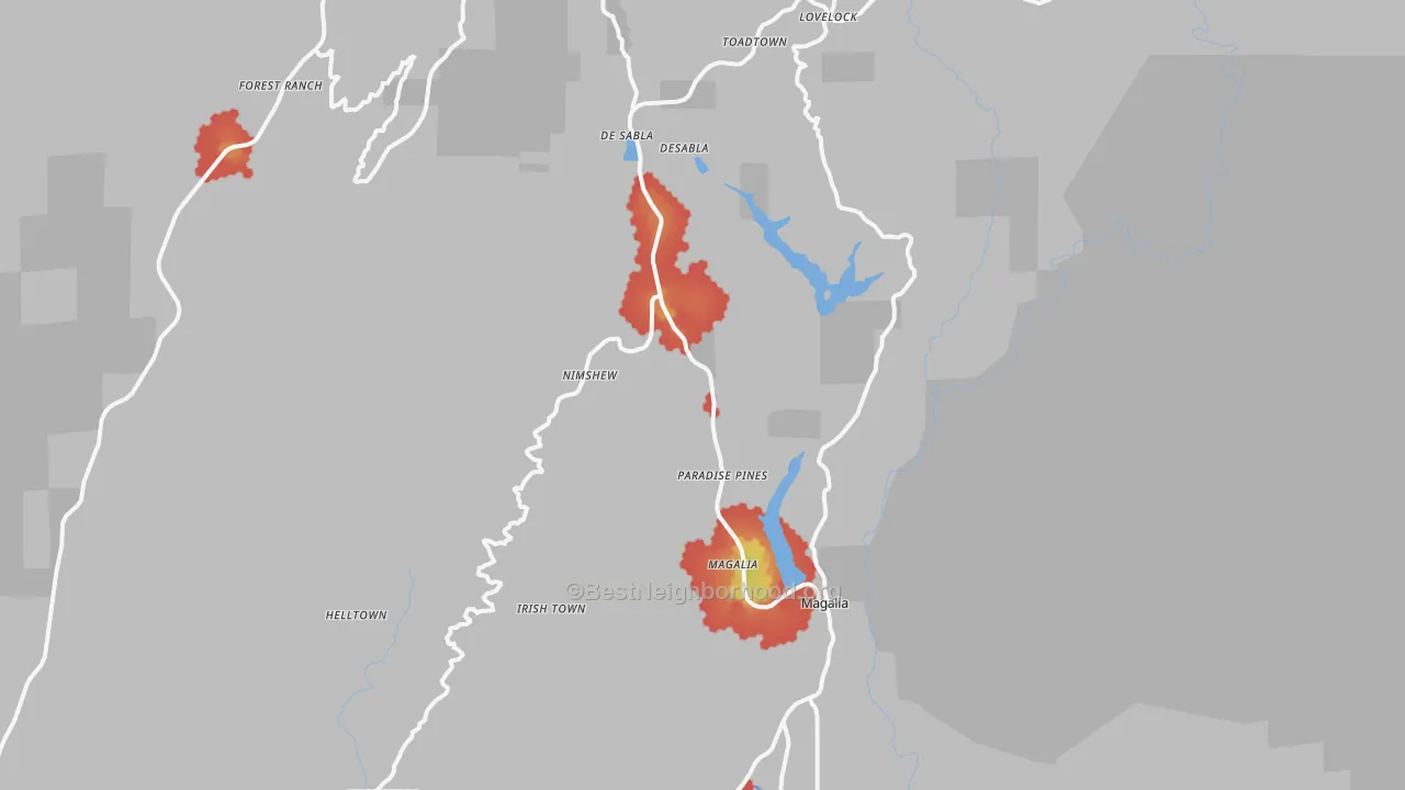 Walk Grade map of Magalia, CA, walkable areas in green and car-dependent areas in red