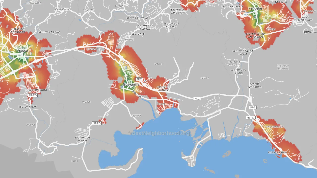 Walk Grade map of Magas Arriba, PR, walkable areas in green and car-dependent areas in red