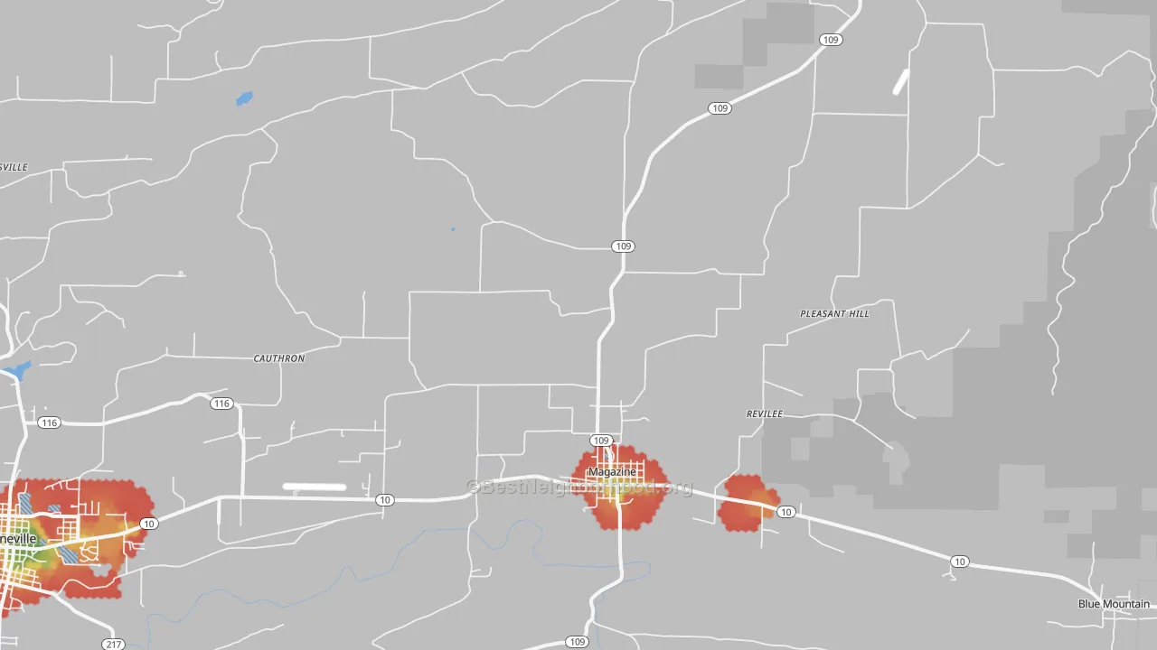 Walk Grade map of Magazine, AR, walkable areas in green and car-dependent areas in red