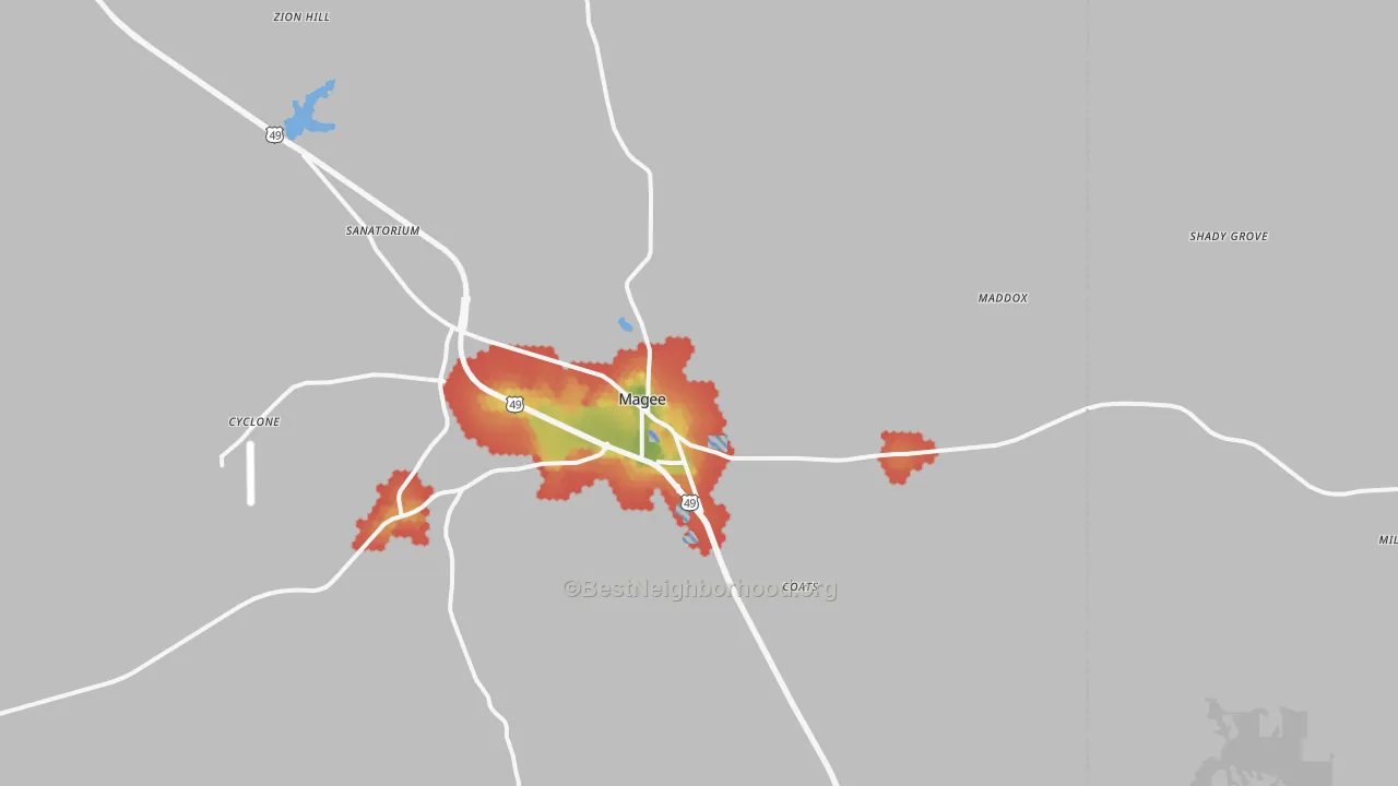 Walk Grade map of Magee, MS, walkable areas in green and car-dependent areas in red